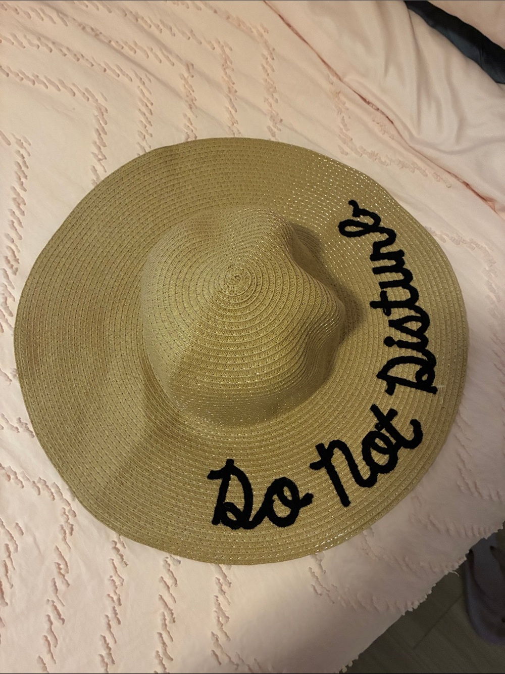 Straw Sun Hat with 'Do Not Disturb' Script - Beige
